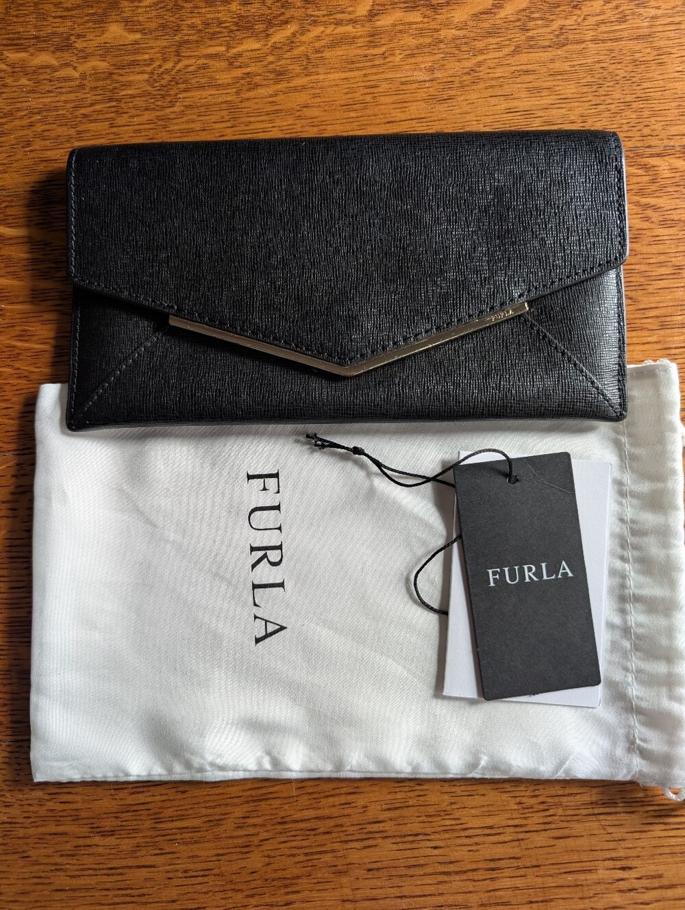 Furla Black Textured Leather Envelope Wallet with Gold Trim Zip Pocket
